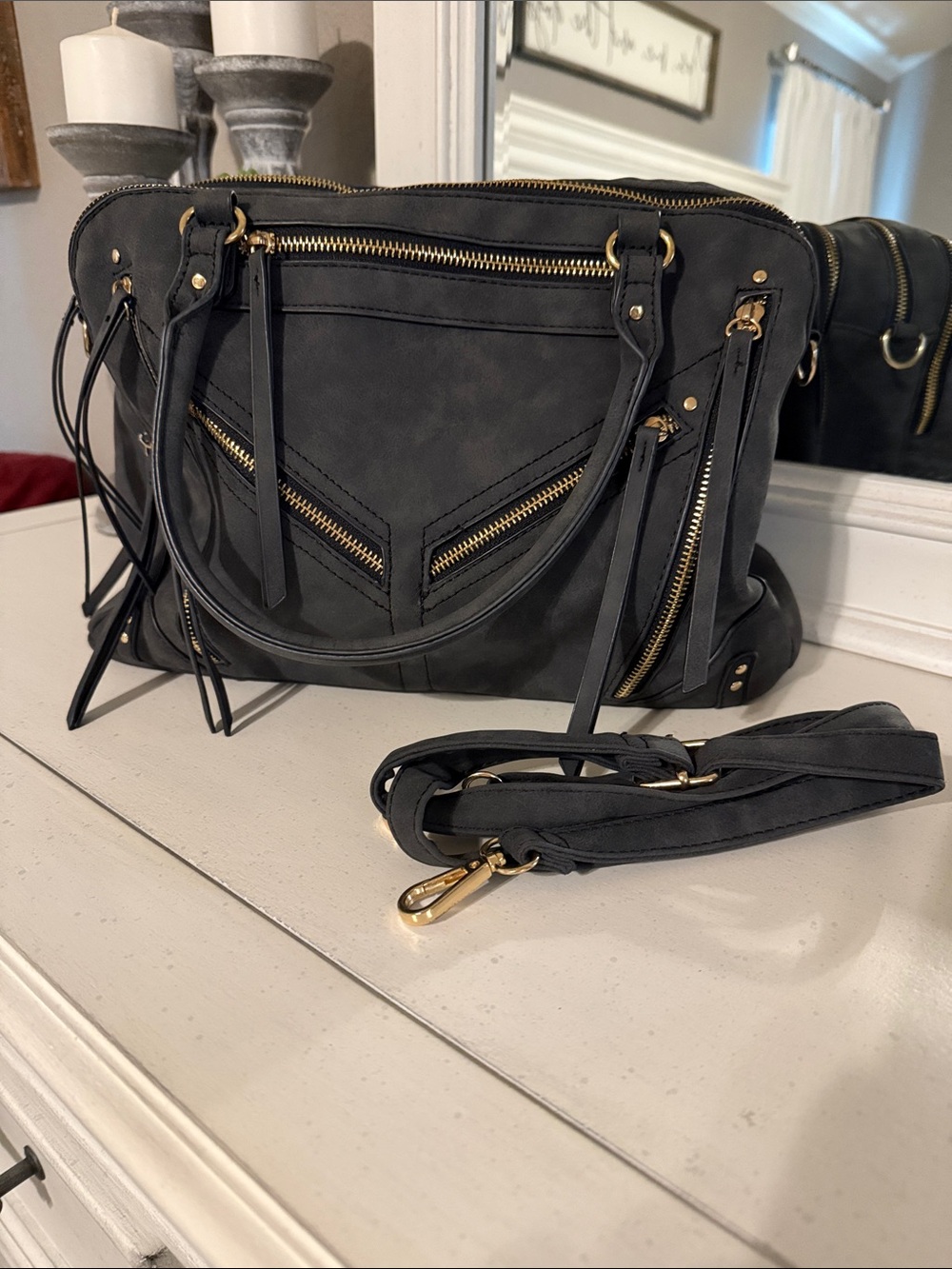 Dark Grey Women's Zipper Accent Shoulder Bag with Gold Hardware